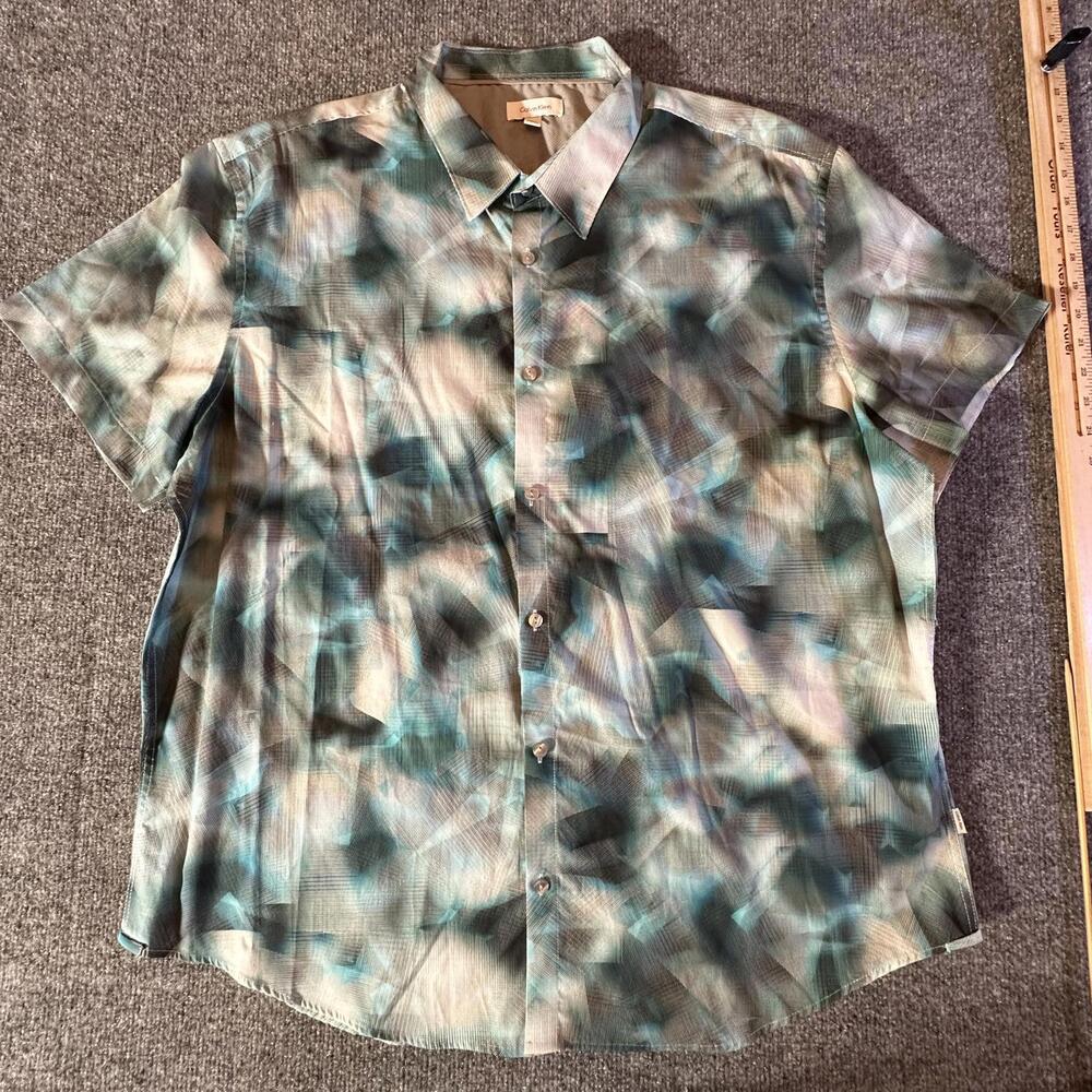 Calvin Klein Mens Abstract Print Short Sleeve Button Down Shirt Blue Green XL